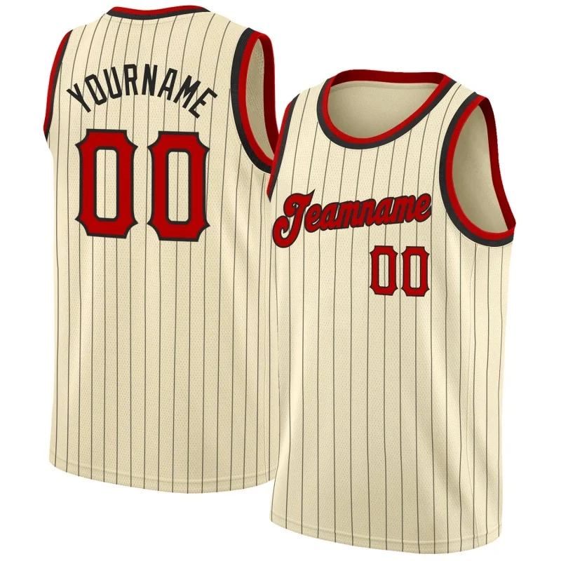 Men Stripes Beige & Red Basketball Jersey - Custom Name & Number - Image 1